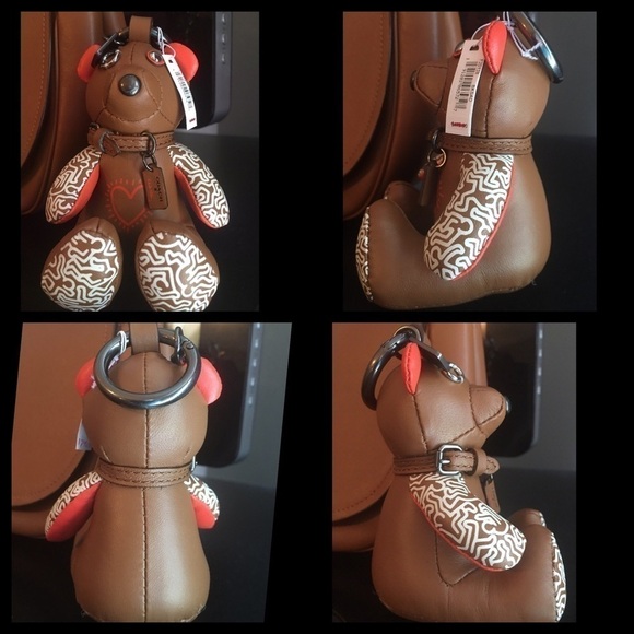 Coach Keith Haring Bear Rare Bag Charm Fob Red Brown Keychain - Picture 3 of 4